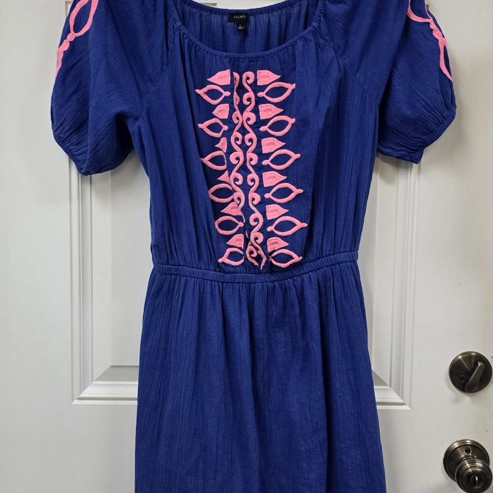 Talbots Blue Dress with Pink Embroidery